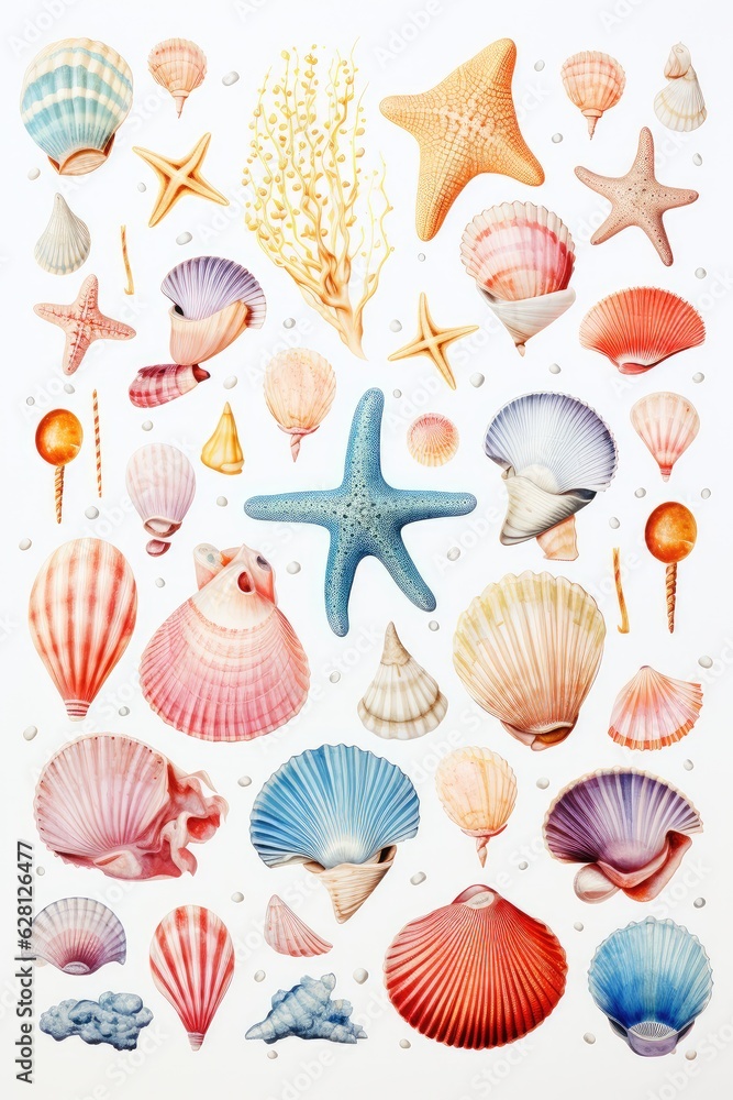 watercolor set of seashells isolated on white, AI Generated watercolor set of seashells isolated on white, AI Generated