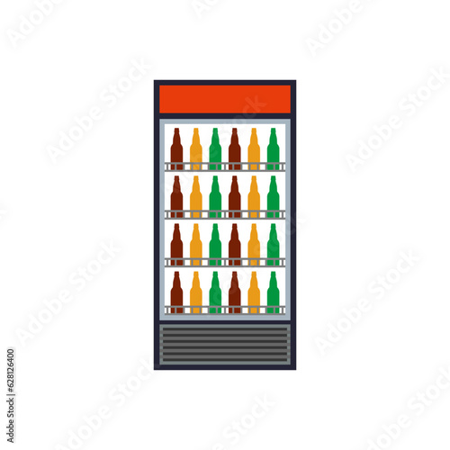 Full commercial refrigerator with beer bottles. Beverage cooler. Color vector.