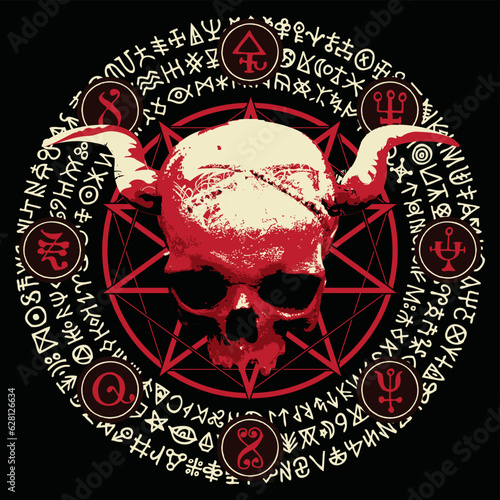 Vector illustration with people skull with horns, blood spots, pentagram, occult and witchcraft signs in grunge style. The symbol of Satanism Baphomet and magic runes written in a circle