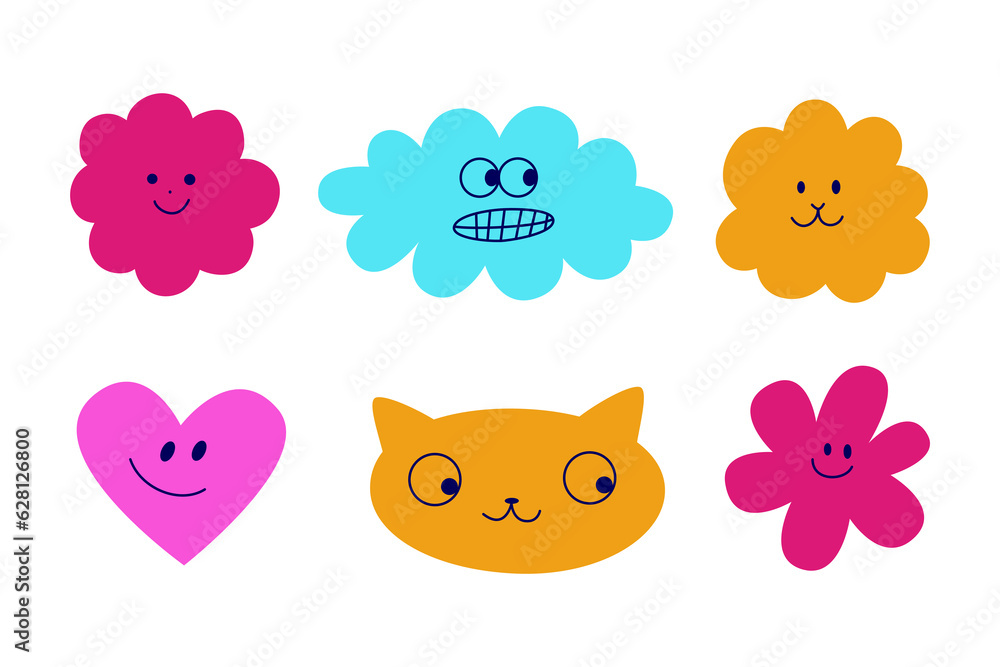 Vector logo design template and graphic elements for advertising, branding, posters and banners, funny cartoon illustrations with smiling character and mascots, abstract stickers and line icons Vector logo design template and graphic elements for advertising, branding, posters and banners, funny cartoon illustrations with smiling character and mascots, abstract stickers and line icons
