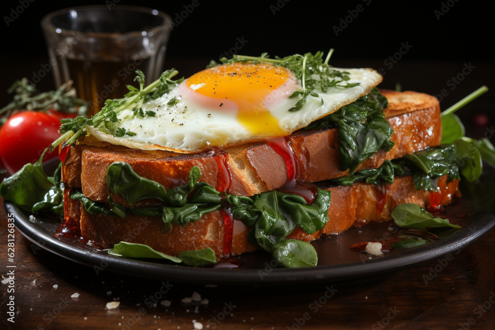 Cheese and egg toast, folded with baby spinach and tomato. Generative AI
