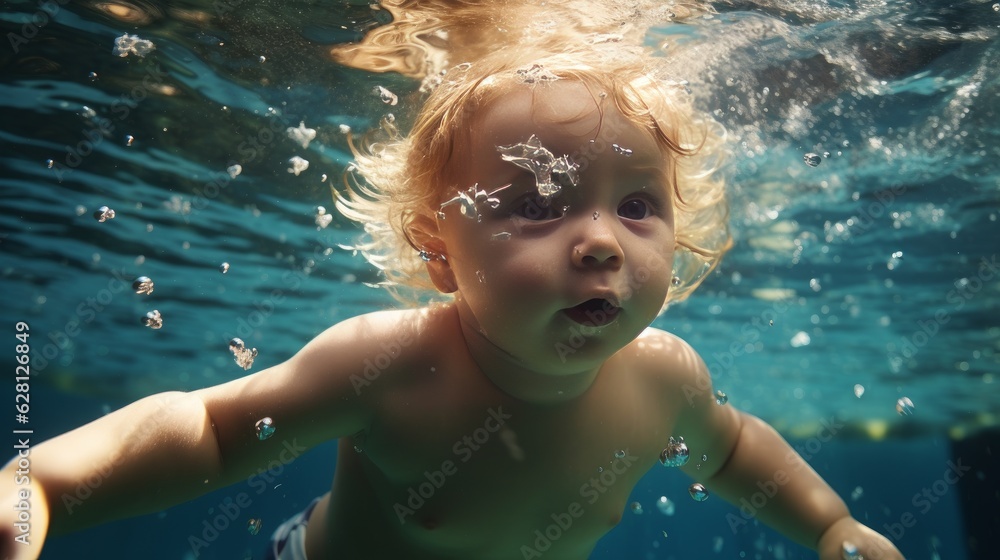 Underwater shot of a baby swimming in a pool