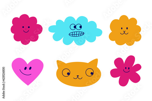Vector logo design template and graphic elements for advertising, branding, posters and banners, funny cartoon illustrations with smiling character and mascots, abstract stickers and line icons