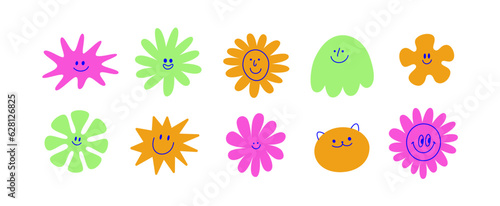 Vector logo design template and graphic elements for advertising, branding, posters and banners, funny cartoon illustrations with smiling character and mascots, abstract stickers and line icons