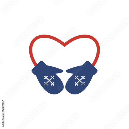 Winter mittens connected with a rope in the shape of a heart. Color vector.