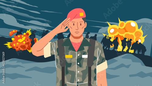 Soldier army portrait giving salute with explosion war background and silhouette of longmarch soldier