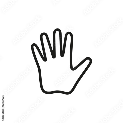 One single empty open human hand palm with fingers splayed and spread wide. Vector in linear outline style.