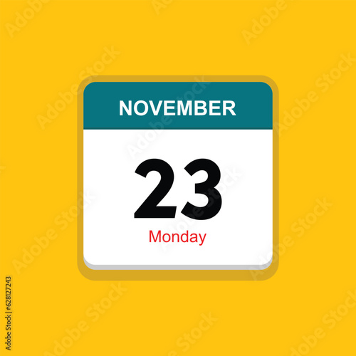 monday 23 november icon with yellow background, calender icon