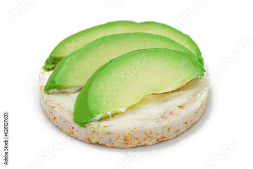 Rice Cake Sandwich with Fresh Avocado and Cream Cheese - Isolated on White. Easy Breakfast. Diet Food. Quick and Healthy Sandwiches. Crispbread with Tasty Filling. Healthy Dietary Snack - Isolation