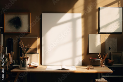 artistic frame canvas mock up in a curated whimsical studio setting / vintage artists desk, atelier bohemian style with natural light and shadows - ai generative art