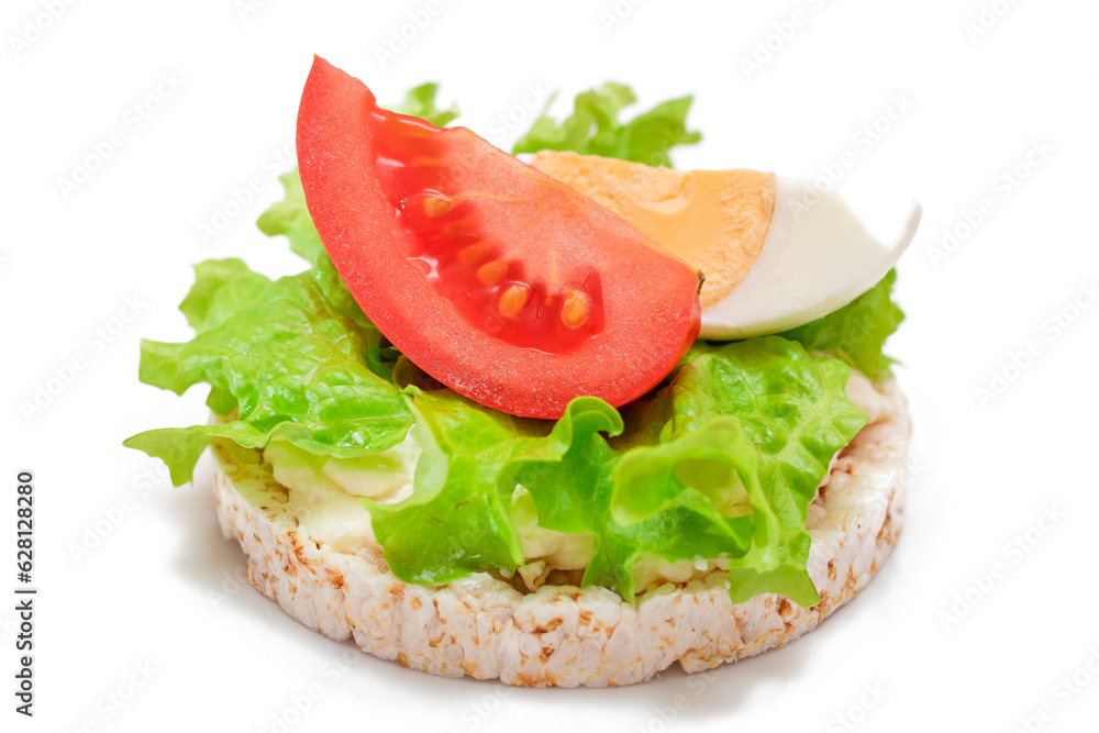 Rice Cake Sandwich with Tomato, Lettuce and Egg - Isolated on White. Easy Breakfast. Diet Food. Quick and Healthy Sandwiches. Crispbread with Tasty Filling. Healthy Dietary Snack - Isolation Rice Cake Sandwich with Tomato, Lettuce and Egg - Isolated on White. Easy Breakfast. Diet Food. Quick and Healthy Sandwiches. Crispbread with Tasty Filling. Healthy Dietary Snack - Isolation