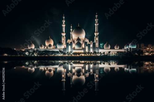 Panoramic view of the Sheikh Zayed Mosque at night in Abu Dhabi, UAE. Generative AI