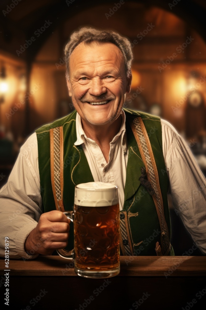 Celebrating Oktoberfest. smiling guy with a mug of beer in his hand.