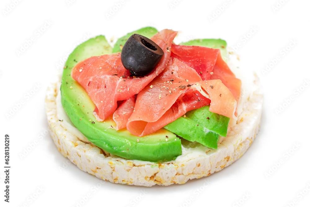 Rice Cake Sandwich with Fresh Avocado, Jamon and Olives - Isolated on White. Easy Breakfast. Diet Food. Quick and Healthy Sandwiches. Crispbread with Tasty Filling. Healthy Dietary Snack - Isolation
