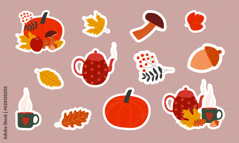Autumn cute and cozy sticker pack with hot tea, mushrooms, pumpkin, acorn and autumn leaves. Vector flat illustration Autumn cute and cozy sticker pack with hot tea, mushrooms, pumpkin, acorn and autumn leaves. Vector flat illustration