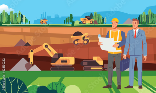Two project officers worker and investor are controlling the situation at the mine on coal mine industry green environmentally friendly landscape