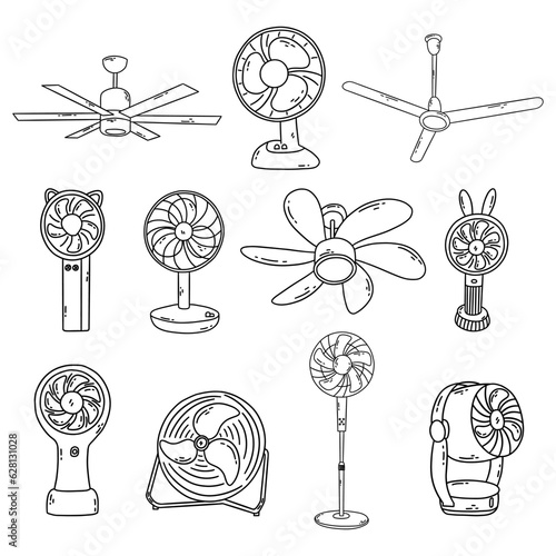Set of fans, desktop, ceiling and handheld. Wind blowers electrical. Cooling air conditioning unit in hot weather. Black and white vector isolated illustration hand drawn