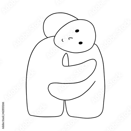 Two hugging figures look like people. Concept of support, love, friendship and mutual assistance. Black and white vector isolated illustration hand drawn doodle
