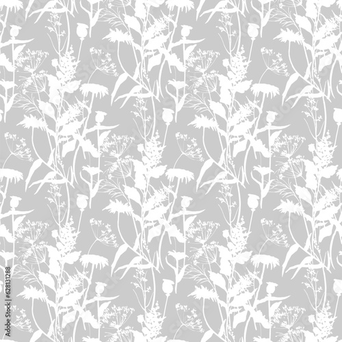 Seamless floral pattern with white leaves. Gray background. 
