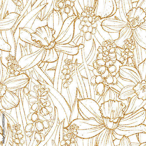 Seamless floral shiny pattern. Hand-drawn gold linear flowers on the white background. Daffodil 