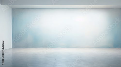 An empty space with a shady floor, in the style of light silver and light blue, blurred landscapes, minimalist still life, sunrays shine upon it. Generative AI © Nhan