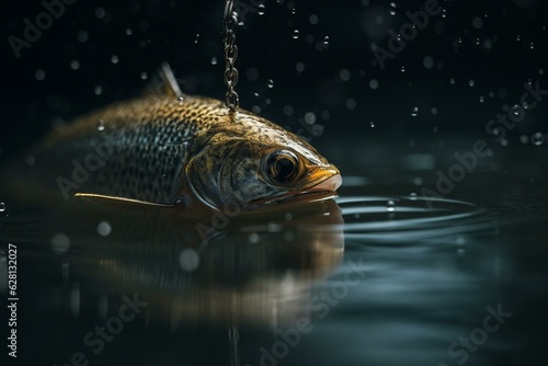 A fish under the water consumed a fishing hook by pecking. Generative AI