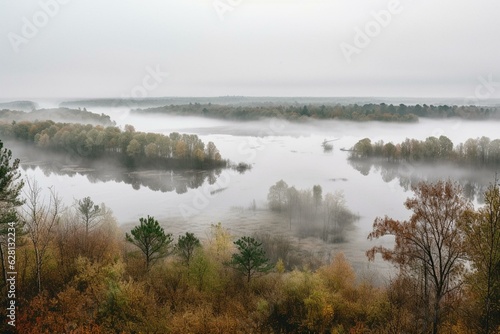 Misty morning view of scenic Karula National Park, showcasing numerous lakes in Estonia. Generative AI