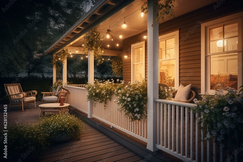 Idyllic suburban house porch adorned with wicker furniture and illuminating lights during a pleasant summer dusk. Generative AI - obrazy, fototapety, plakaty 
