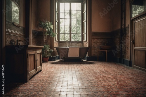 Bathroom with flooring made of terracotta tiles. Generative AI © Stevie
