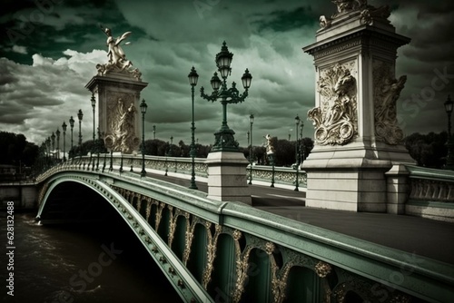 The Alexander III bridge over the Seine River in Paris. Generative AI