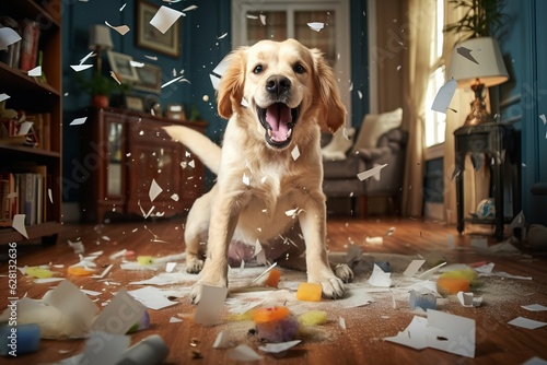 a playful hyperactive young dog misbehaving and making a huge mess in a living-room, throwing around things and shredding paper. Studio light. Generative AI technology