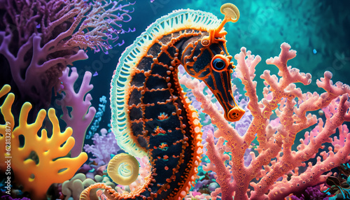 Premium Illustation for 3d floor. Underwater world. Seahorse. corals . Latest design portarit , AI