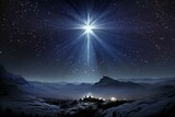 Beautiful star of Bethlehem's nativity, shining in dark blue starry sky. Generative AI