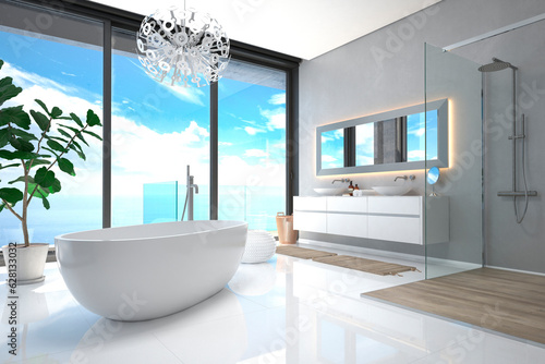 Modern bathroom interior with wooden decor in eco style. 3D Render 