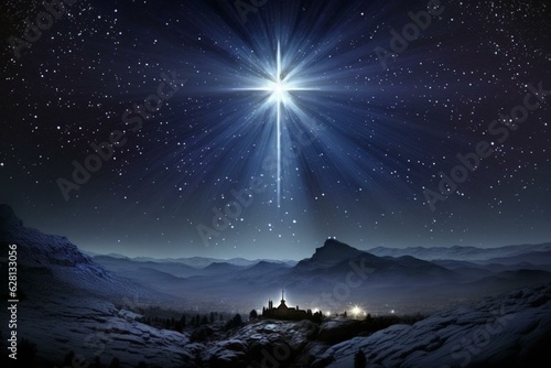 Beautiful star of Bethlehem's nativity, shining in dark blue starry sky. Generative AI