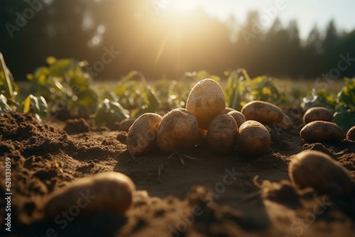 Freshly dug potatoes in a sunlit field. Generative AI