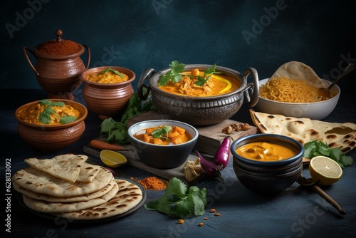 Assorted Indian food on dark stone background - chicken tikka masala, palak paneer, saffron rice, lentil soup, pita bread and spices. Generative AI