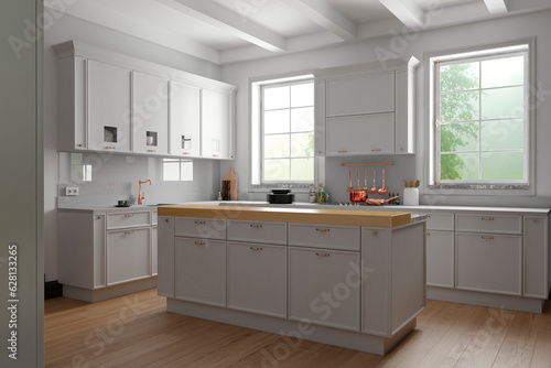 Modern interior of kitchen with living room. 3d render 