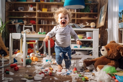 Fotografia a playful hyperactive cute white toddler misbehaving and making a huge mess in a kids room, throwing around things and shredding paper