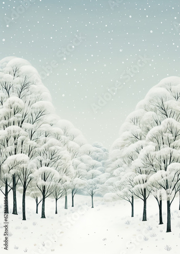 Illustration of winter forest with trees covered with snow. Light blue sky sparkling snowfall. Christmas New Years scene. Holiday greeting card