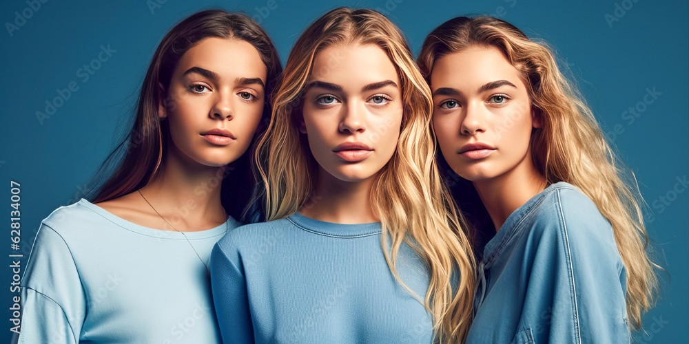 Radiant trio of young women exemplifying beauty and harmony, nestled against a soothing cool-blue gradient backdrop. Generative AI Radiant trio of young women exemplifying beauty and harmony, nestled against a soothing cool-blue gradient backdrop. Generative AI