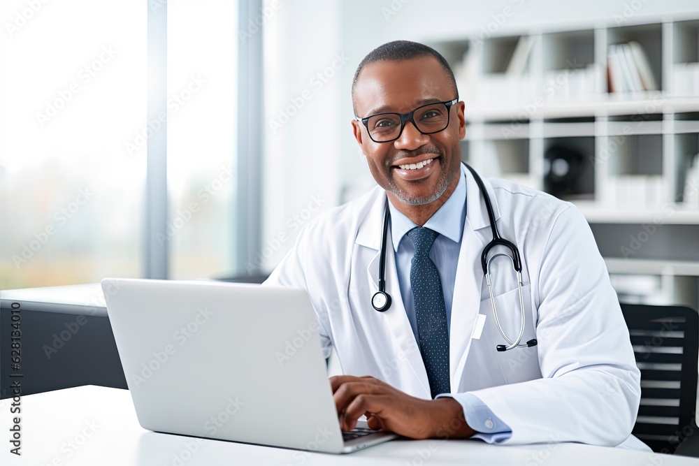 African American male doctor in his office. Smiley middle aged man sitting in front of laptop monitor in his office and looking at camera. African American male doctor in his office. Smiley middle aged man sitting in front of laptop monitor in his office and looking at camera.