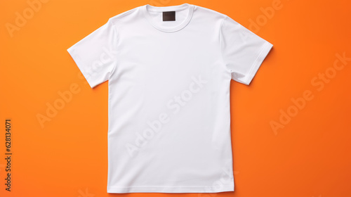 Top view shot of a white blank t-shirt on a orange table