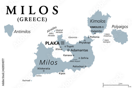 Milos or Melos, Greek island, gray political map. Volcanic island in the Aegean Sea, part of the Cyclades. Together with Antimilos and smaller islets a municipality, neighboring Kimolos and Polyaigos. photo