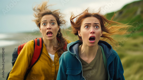 Captivating scene of two young women embodying fury and goofiness on an adventurous road trip, set against a rugged, wild beach backdrop. Generative AI