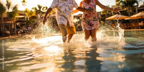 Vibrant retired couple dancing joyously poolside, focus on energetic feet movement, blurred faces filled with happiness, dappled pool water and balmy sunset. photo