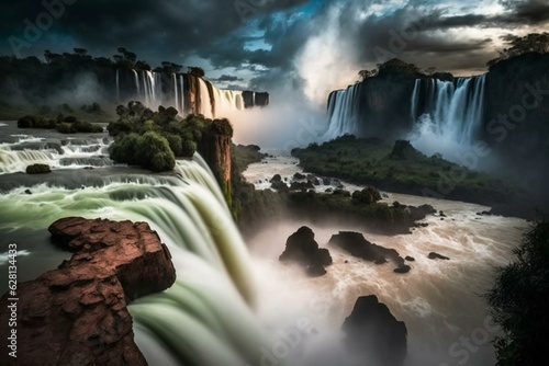 A mesmerizing view of the Iguazu falls captured with long exposure. Generative AI