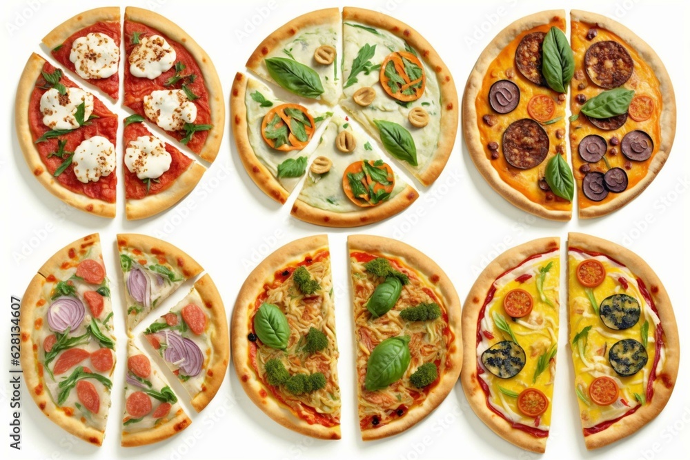 Assorted pizzas on white, from above. Generative AI