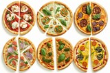 Assorted pizzas on white, from above. Generative AI