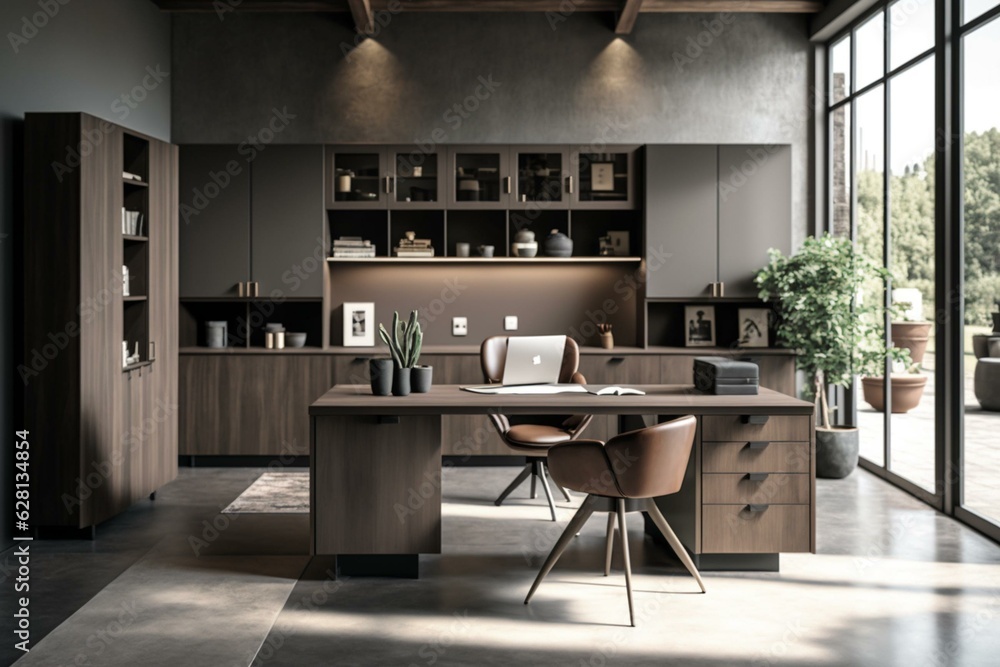 Modern executive workspace, featuring desk, niche, cabinets, and panoramic view. Decorated in brown and grey with concrete floor. Generative AI
